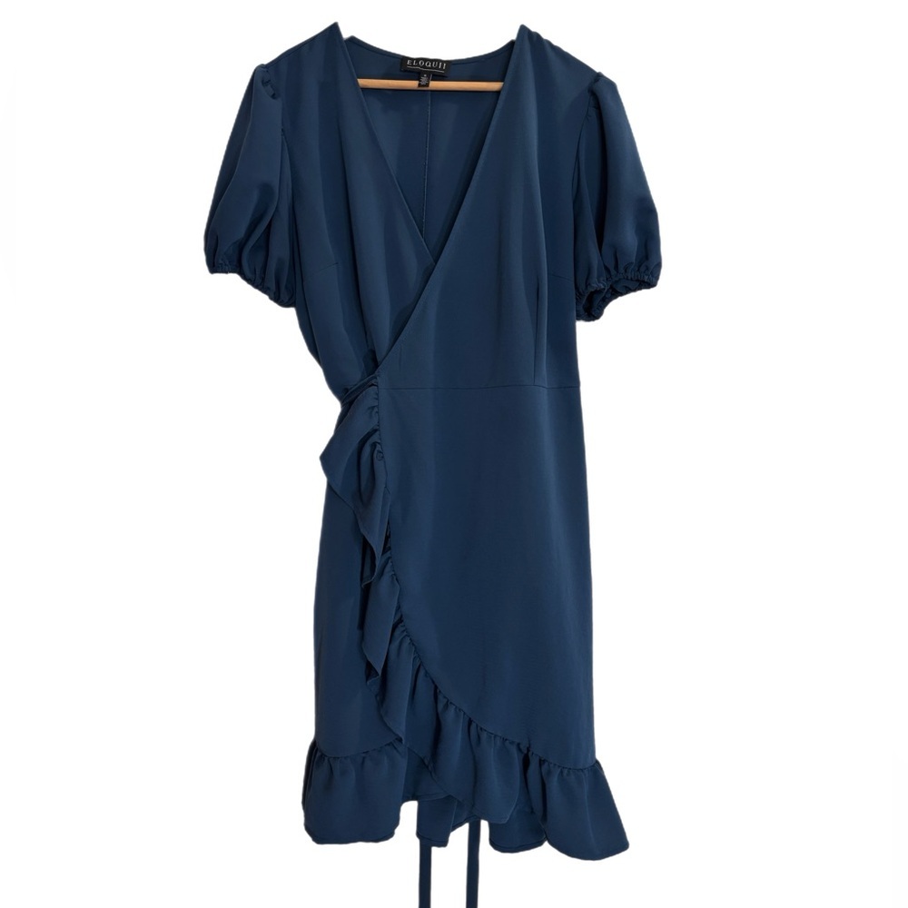 Eloquii teal ruffle mini wrap dress w/ short puff sleeves